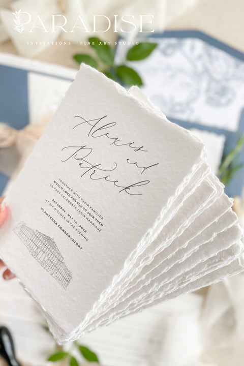 Bring timeless elegance to your celebration with our handmade deckled-edge wedding invitations, beautifully designed with dusty blue accents, soft chiffon ribbon, and a hand-drawn wedding venue illustration. Crafted for couples who value art, detail, and romance, each invitation is made by hand using premium cotton paper for a naturally textured, fine art finish. Perfect for fine art, garden, coastal, or destination weddings, this suite blends artisan craftsmanship with minimalist modern design.