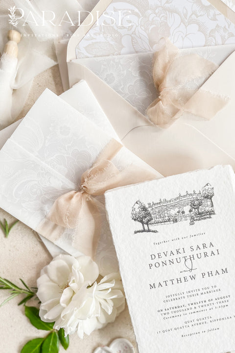 Elegant, timeless, and deeply personal - our handmade wedding invitations with a hand-drawn venue illustration are designed to capture the heart of your love story. Each suite is printed on luxury cotton deckled-edge paper, wrapped in translucent vellum, and tied with a blush silk ribbon for a soft, romantic finish. The custom venue sketch transforms your stationery into a keepsake