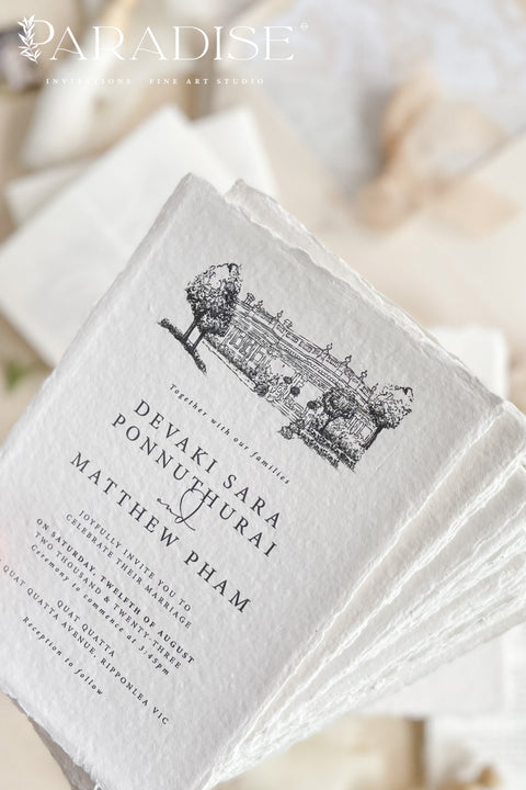 Elegant, timeless, and deeply personal - our handmade wedding invitations with a hand-drawn venue illustration are designed to capture the heart of your love story. Each suite is printed on luxury cotton deckled-edge paper, wrapped in translucent vellum, and tied with a blush silk ribbon for a soft, romantic finish. The custom venue sketch transforms your stationery into a keepsake