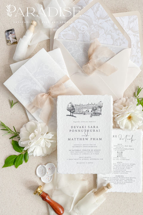 Elegant, timeless, and deeply personal - our handmade wedding invitations with a hand-drawn venue illustration are designed to capture the heart of your love story. Each suite is printed on luxury cotton deckled-edge paper, wrapped in translucent vellum, and tied with a blush silk ribbon for a soft, romantic finish. The custom venue sketch transforms your stationery into a keepsake
