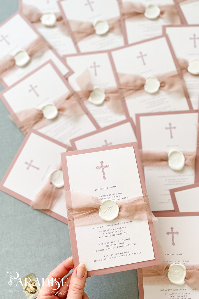 Illiana Wild rose paper, silk ribbons and wax seals Christian Invitations