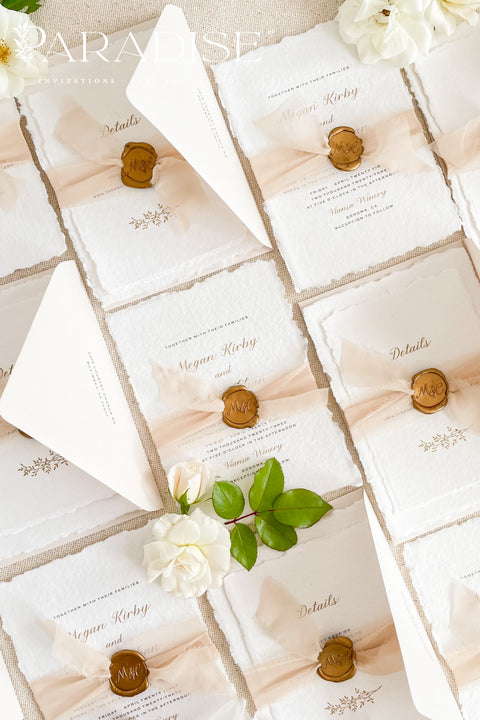 Announce your marriage with a romantic and modern touch. This exquisite suite features elegant modern calligraphy and shimmering golden ink printed on luxurious handmade paper with a delicate deckle edge. The combination of the beautiful golden shine and the unique, textured paper creates a stunning first impression that is both luxurious and organic. These unique invites are perfect for setting a sophisticated and romantic tone for your special day.
