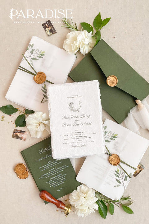 This exquisite wedding invites suite offers a blend of fine artistry and bohemian charm. Perfect for a garden wedding, each invitation is a work of art, featuring a beautifully illustrated floral monogram created just for you. Printed on luxurious fine art handmade deckle edge paper, this boho chic invite offers a rich, tactile feel and a timeless finish that will enchant your guests.