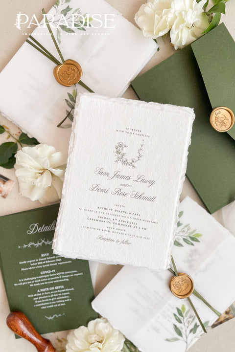 This exquisite wedding invites suite offers a blend of fine artistry and bohemian charm. Perfect for a garden wedding, each invitation is a work of art, featuring a beautifully illustrated floral monogram created just for you. Printed on luxurious fine art handmade deckle edge paper, this boho chic invite offers a rich, tactile feel and a timeless finish that will enchant your guests.