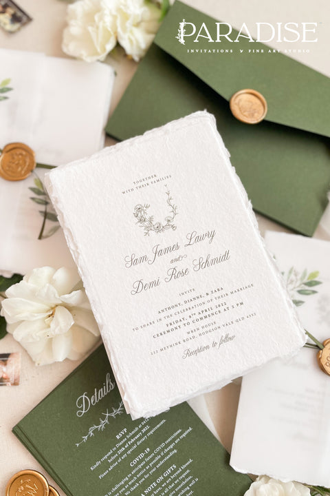 This exquisite wedding invites suite offers a blend of fine artistry and bohemian charm. Perfect for a garden wedding, each invitation is a work of art, featuring a beautifully illustrated floral monogram created just for you. Printed on luxurious fine art handmade deckle edge paper, this boho chic invite offers a rich, tactile feel and a timeless finish that will enchant your guests.