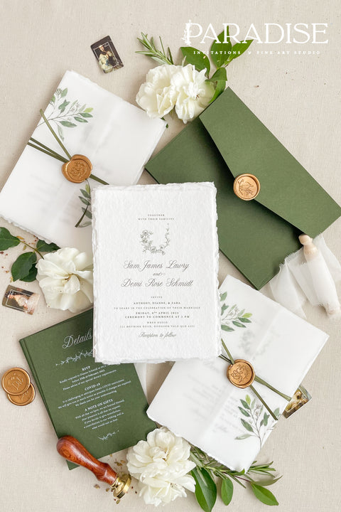 This exquisite wedding invites suite offers a blend of fine artistry and bohemian charm. Perfect for a garden wedding, each invitation is a work of art, featuring a beautifully illustrated floral monogram created just for you. Printed on luxurious fine art handmade deckle edge paper, this boho chic invite offers a rich, tactile feel and a timeless finish that will enchant your guests.