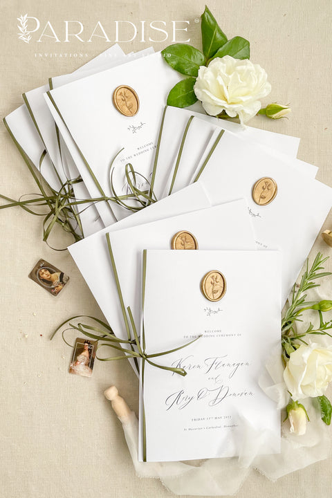 This wedding program is thoughtfully designed with clean typography, soft white cardstock, and an olive green ribbon tied by hand for a naturally elegant finish. A warm gold wax seal adds a touch of old-world charm, creating a harmonious blend of modern minimalism and classic detail. Perfect for couples who want a quiet, graceful aesthetic, this program offers a polished way to present your ceremony with style and intention.