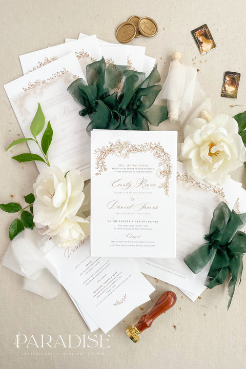 Celebrate your love with sophistication and artistry through our gold foil floral wedding invitations, beautifully crafted on premium white cardstock and adorned with delicate metallic botanical detailing. Each invitation is wrapped in a deep green chiffon ribbon, adding a luxurious touch of texture and depth. This suite combines modern fine art design with timeless elegance, making it perfect for romantic garden weddings, luxury events, or destination celebrations.