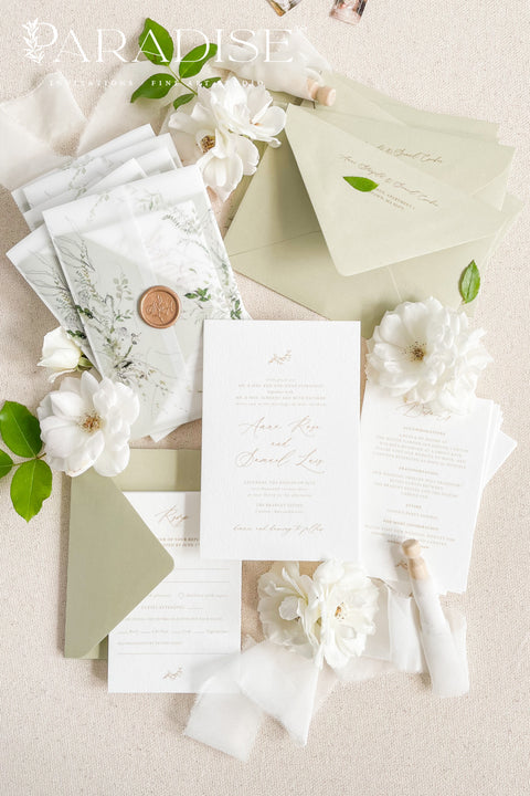 Invite your guests with elegance and charm through our botanical vellum wedding invitations, a handcrafted suite that captures the essence of romance and nature. Each invitation is wrapped in translucent vellum printed with delicate greenery illustrations, tied with a warm copper wax seal, and paired with sage green envelopes for a naturally refined look. Perfect for garden, outdoor, fine art, or destination weddings.