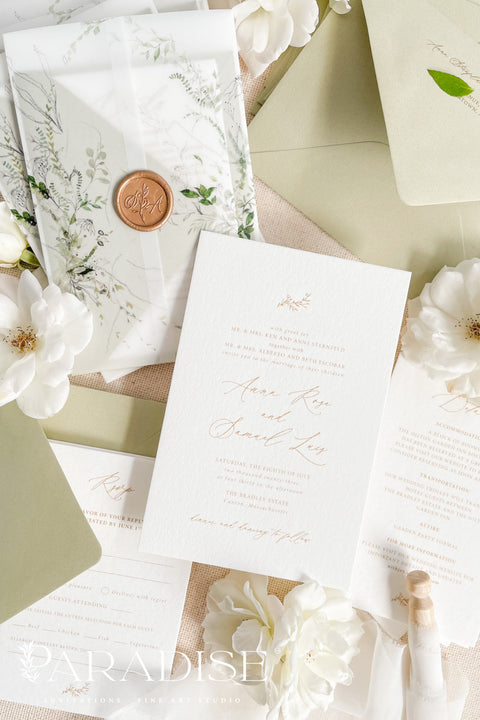 Invite your guests with elegance and charm through our botanical vellum wedding invitations, a handcrafted suite that captures the essence of romance and nature. Each invitation is wrapped in translucent vellum printed with delicate greenery illustrations, tied with a warm copper wax seal, and paired with sage green envelopes for a naturally refined look. Perfect for garden, outdoor, fine art, or destination weddings.