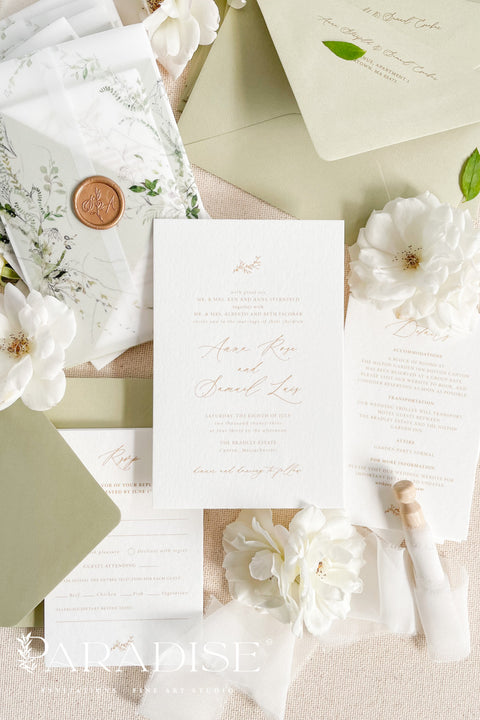 Invite your guests with elegance and charm through our botanical vellum wedding invitations, a handcrafted suite that captures the essence of romance and nature. Each invitation is wrapped in translucent vellum printed with delicate greenery illustrations, tied with a warm copper wax seal, and paired with sage green envelopes for a naturally refined look. Perfect for garden, outdoor, fine art, or destination weddings.