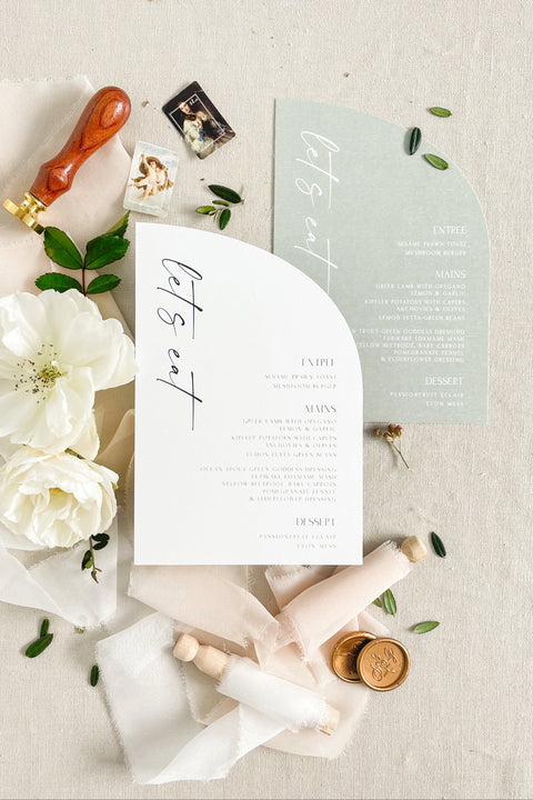 Add a touch of modern charm to your tablescape with our half arch wedding menus, featuring minimalist typography and soft contemporary hues. Printed on premium textured cardstock, these menus perfectly blend fine-art aesthetics with clean, modern lines. Ideal for romantic garden celebrations or elegant minimalist weddings, they bring sophistication and style to every table setting.