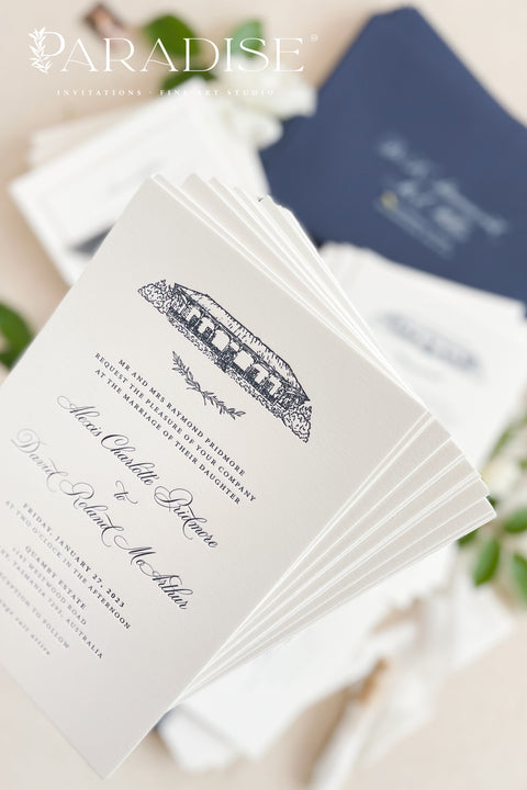 Elegant and refined, this letterpress wedding invitation suite brings classic artistry to modern romance. Featuring a custom hand-drawn illustration of your wedding venue, each piece is printed on luxurious cotton cardstock using the timeless technique of letterpress printing - creating a deep, tactile impression that you can both see and feel. The suite is accented with navy envelopes and tied with a silk ribbon, perfectly balancing sophistication with sentiment.