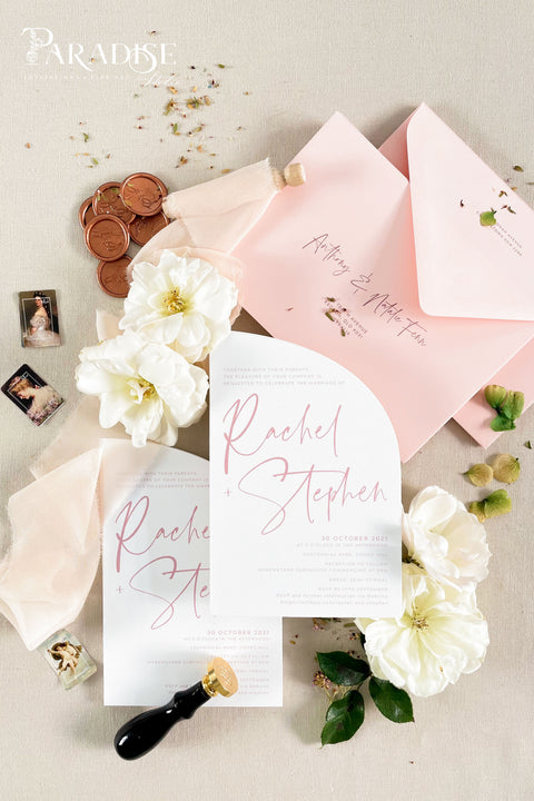 Delicate and feminine yet strikingly contemporary, this half arch wedding invitation suite sets the tone for an unforgettable celebration. Its clean layout and romantic blush palette create a dreamy first impression - perfect for modern romantic weddings, fine art garden ceremonies, or destination celebrations. Crafted on luxury fine art cardstock, each piece feels smooth, substantial, and designed to impress. Paired with blush envelopes, matching calligraphy, and rose gold wax seals.