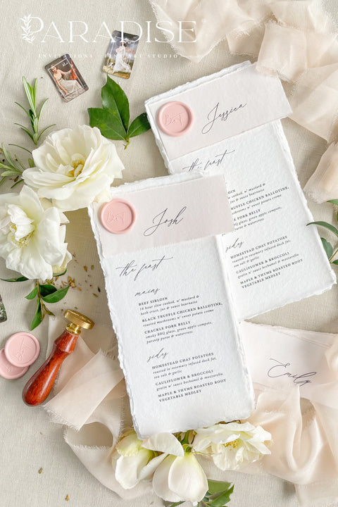 Add a touch of soft romance and artisanal beauty to your tablescape with our embossed handmade paper wedding menus - a refined blend of texture, craftsmanship, and elegance. Each menu is meticulously crafted from 100% cotton rag paper with delicate deckled edges, offering a luxurious, organic feel that sets the tone for your celebration.