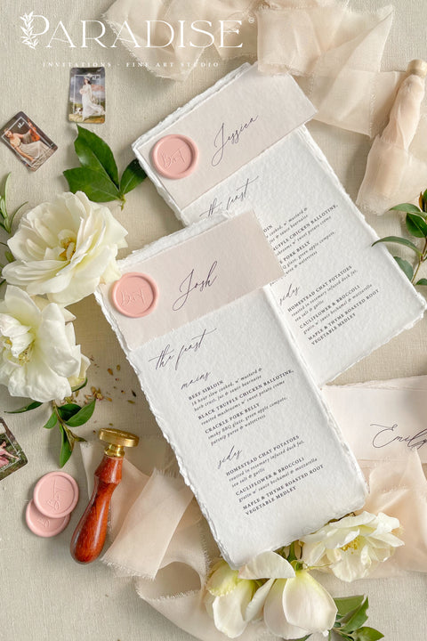 Add a touch of soft romance and artisanal beauty to your tablescape with our embossed handmade paper wedding menus - a refined blend of texture, craftsmanship, and elegance. Each menu is meticulously crafted from 100% cotton rag paper with delicate deckled edges, offering a luxurious, organic feel that sets the tone for your celebration.