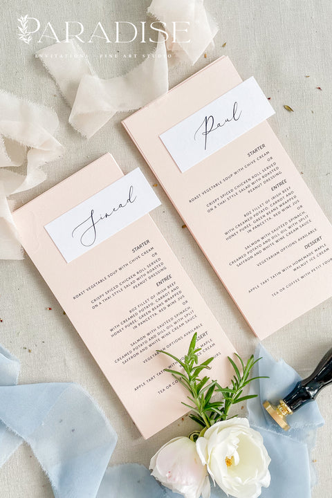 Elevate your table styling with our blush wedding menus, designed with modern typography and elegant name cards for a personalized, refined touch. Printed on luxury cardstock with soft pastel tones, these menus exude understated elegance - perfect for romantic, minimalist, or fine art weddings. Each menu doubles as a place card, bringing both functionality and beauty to your table design while maintaining a seamless, contemporary aesthetic.