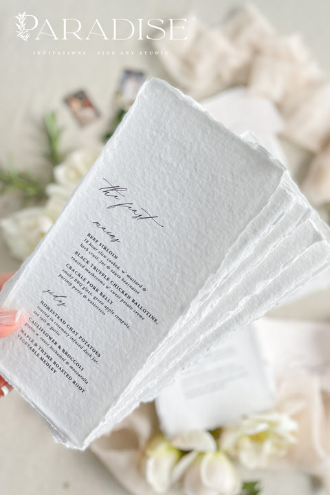Add a touch of soft romance and artisanal beauty to your tablescape with our embossed handmade paper wedding menus - a refined blend of texture, craftsmanship, and elegance. Each menu is meticulously crafted from 100% cotton rag paper with delicate deckled edges, offering a luxurious, organic feel that sets the tone for your celebration.