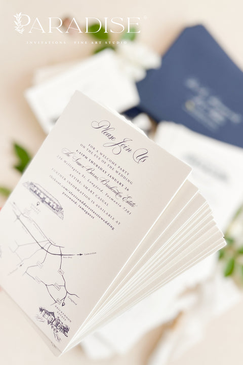 Elegant and refined, this letterpress wedding invitation suite brings classic artistry to modern romance. Featuring a custom hand-drawn illustration of your wedding venue, each piece is printed on luxurious cotton cardstock using the timeless technique of letterpress printing - creating a deep, tactile impression that you can both see and feel. The suite is accented with navy envelopes and tied with a silk ribbon, perfectly balancing sophistication with sentiment.