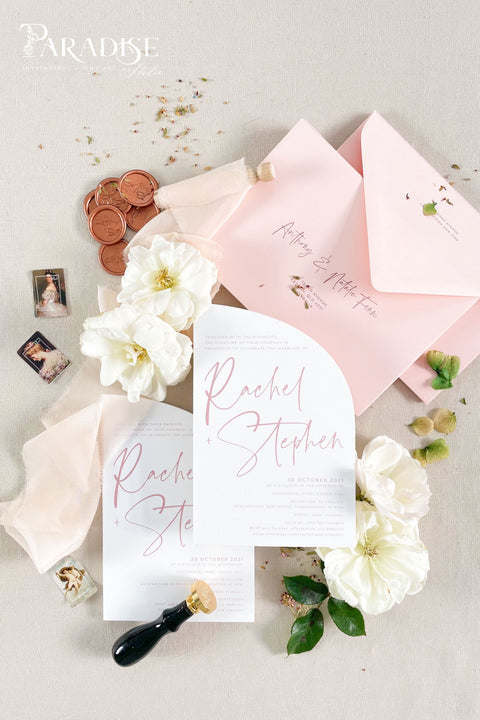 Delicate and feminine yet strikingly contemporary, this half arch wedding invitation suite sets the tone for an unforgettable celebration. Its clean layout and romantic blush palette create a dreamy first impression - perfect for modern romantic weddings, fine art garden ceremonies, or destination celebrations. Crafted on luxury fine art cardstock, each piece feels smooth, substantial, and designed to impress. Paired with blush envelopes, matching calligraphy, and rose gold wax seals.