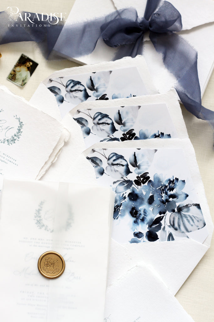 Dusty Blue Floral Envelope Liners on White Envelopes