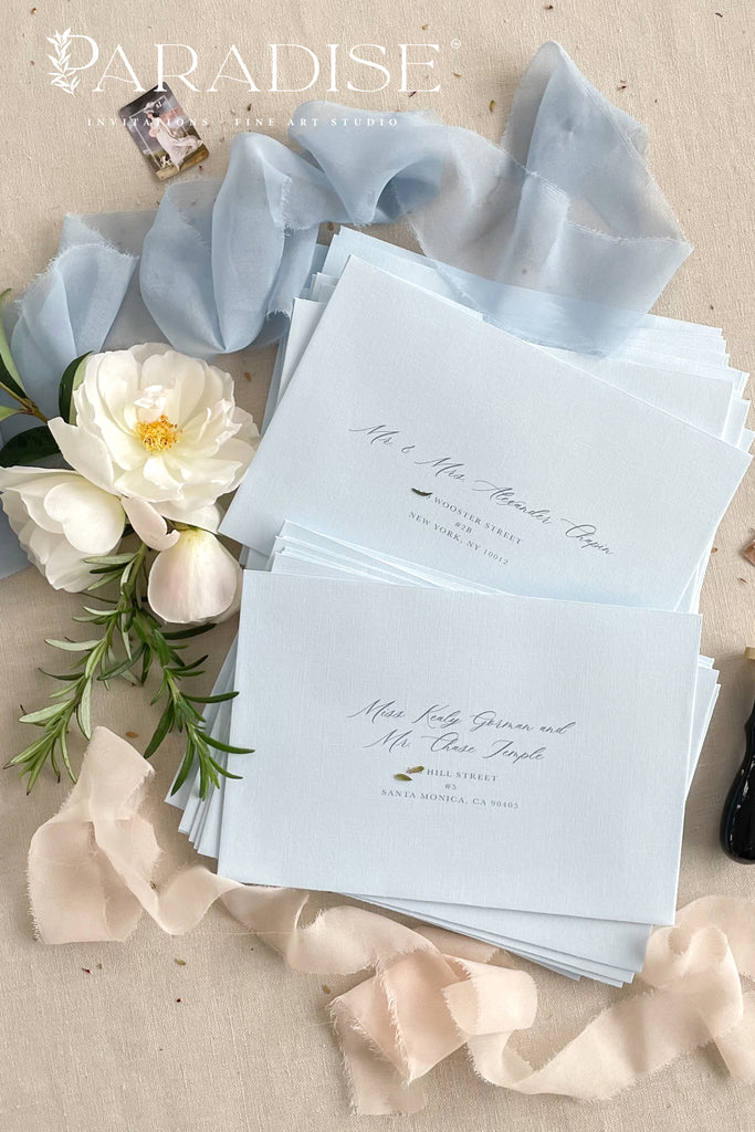 Coco Linen Baby Bleu Envelopes and Black Ink Printing