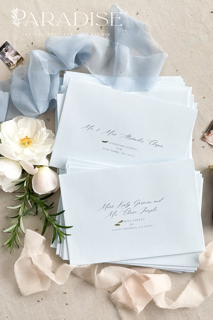 Coco Linen Baby Bleu Envelopes and Black Ink Printing