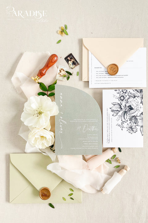 This half arch wedding invitation suite blends modern minimalism with soft botanical charm - perfect for couples who adore natural tones and elegant simplicity. The sage green half-arch invitation features contemporary typography, paired beautifully with neutral envelopes, blush ribbons, and gold wax seals, creating a look that’s refined yet organic. Printed on luxury cardstock, each invitation feels substantial and smooth to the touch, making it both a visual and tactile delight.