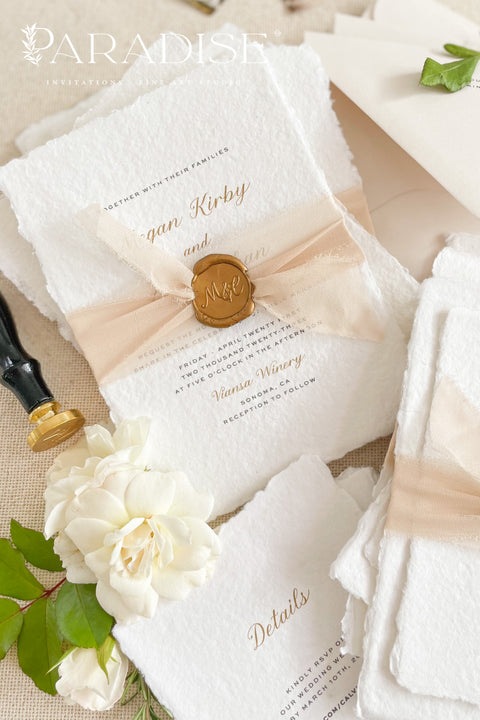 Announce your marriage with a romantic and modern touch. This exquisite suite features elegant modern calligraphy and shimmering golden ink printed on luxurious handmade paper with a delicate deckle edge. The combination of the beautiful golden shine and the unique, textured paper creates a stunning first impression that is both luxurious and organic. These unique invites are perfect for setting a sophisticated and romantic tone for your special day.