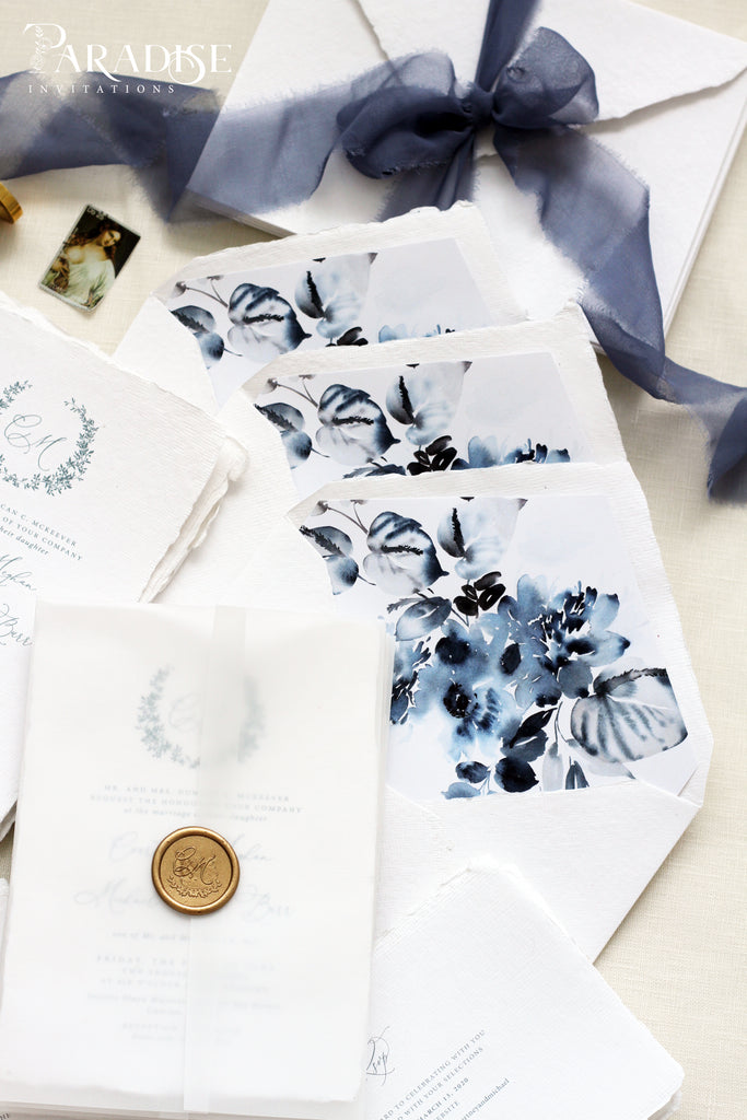 Dusty Blue Floral Envelope Liners on White Envelopes