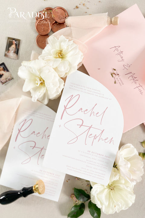 Delicate and feminine yet strikingly contemporary, this half arch wedding invitation suite sets the tone for an unforgettable celebration. Its clean layout and romantic blush palette create a dreamy first impression - perfect for modern romantic weddings, fine art garden ceremonies, or destination celebrations. Crafted on luxury fine art cardstock, each piece feels smooth, substantial, and designed to impress. Paired with blush envelopes, matching calligraphy, and rose gold wax seals.