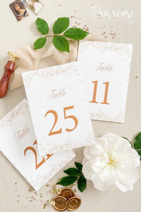 Clean white cardstock paired with rich copper typography creates a beautifully modern yet romantic table number design. Delicate botanical borders add a soft, ornamental touch, giving each card a refined and cohesive wedding-day presence. Perfect for elegant, garden, rustic-chic, or contemporary celebrations, this style blends minimalist clarity with decorative charm.
