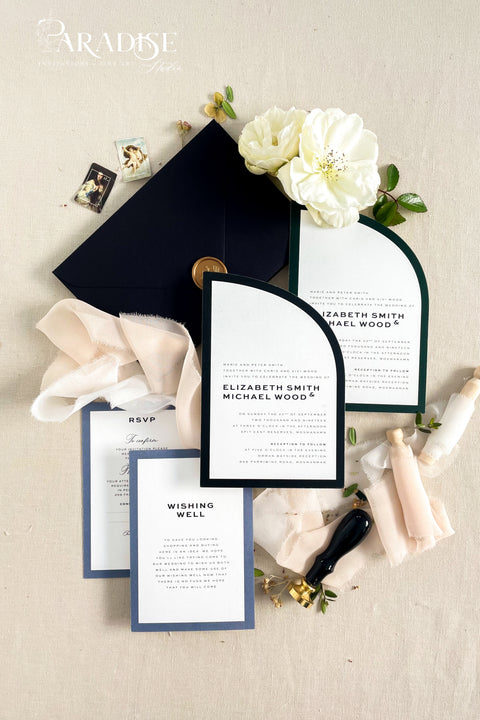 Sophisticated and striking, this half arch wedding invitation suite is designed for the couple who appreciates modern aesthetics with a fine art twist. Handcrafted on thick, high-quality paper and layered with deep navy and forest green accents, each piece feels as luxurious as it looks. Ideal for modern city weddings, black-tie events, or editorial-inspired celebrations, this suite blends elegance with edge. This suite embodies the essence of modern minimalism.