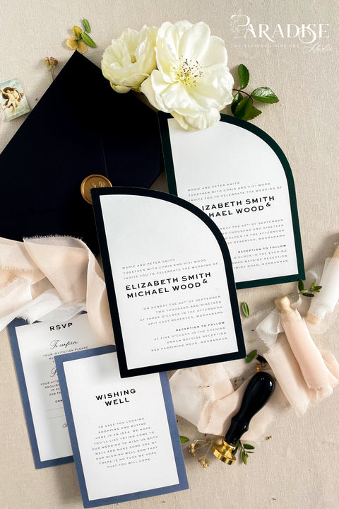 Sophisticated and striking, this half arch wedding invitation suite is designed for the couple who appreciates modern aesthetics with a fine art twist. Handcrafted on thick, high-quality paper and layered with deep navy and forest green accents, each piece feels as luxurious as it looks. Ideal for modern city weddings, black-tie events, or editorial-inspired celebrations, this suite blends elegance with edge. This suite embodies the essence of modern minimalism.