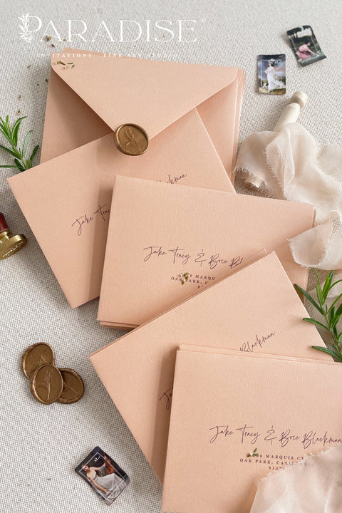 Soft beige envelopes featuring black ink calligraphy address printing, photographed with wax seals and styling props for elegant wedding stationery.