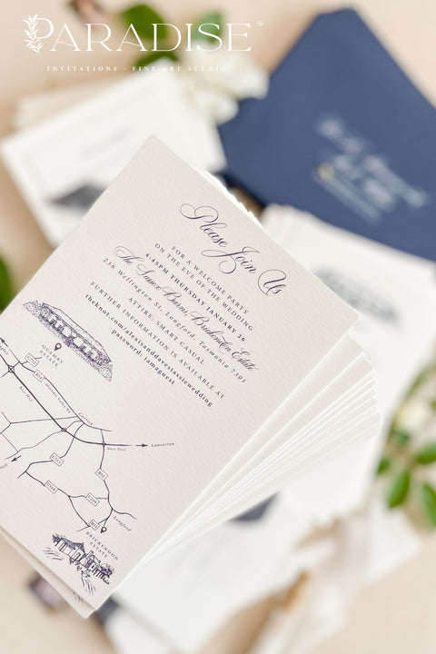 Elegant and refined, this letterpress wedding invitation suite brings classic artistry to modern romance. Featuring a custom hand-drawn illustration of your wedding venue, each piece is printed on luxurious cotton cardstock using the timeless technique of letterpress printing - creating a deep, tactile impression that you can both see and feel. The suite is accented with navy envelopes and tied with a silk ribbon, perfectly balancing sophistication with sentiment.