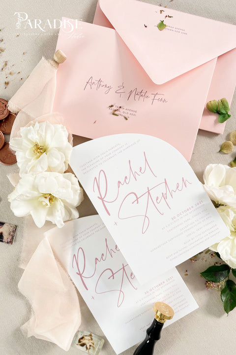 Delicate and feminine yet strikingly contemporary, this half arch wedding invitation suite sets the tone for an unforgettable celebration. Its clean layout and romantic blush palette create a dreamy first impression - perfect for modern romantic weddings, fine art garden ceremonies, or destination celebrations. Crafted on luxury fine art cardstock, each piece feels smooth, substantial, and designed to impress. Paired with blush envelopes, matching calligraphy, and rose gold wax seals.