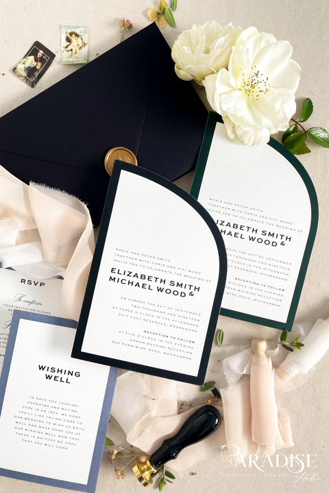 Sophisticated and striking, this half arch wedding invitation suite is designed for the couple who appreciates modern aesthetics with a fine art twist. Handcrafted on thick, high-quality paper and layered with deep navy and forest green accents, each piece feels as luxurious as it looks. Ideal for modern city weddings, black-tie events, or editorial-inspired celebrations, this suite blends elegance with edge. This suite embodies the essence of modern minimalism.