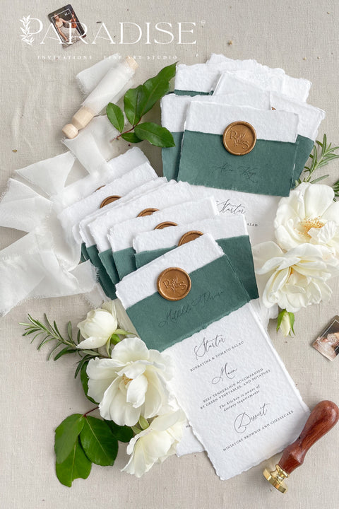 Elevate your wedding tablescape with our luxury handmade wedding menus, featuring deckled edges, silk paper belly bands, and wax seal accents. Each piece is crafted on fine cotton rag paper to create a timeless balance between elegance and texture - perfect for romantic, classic, or fine art celebrations. These menus blend craftsmanship and sophistication, turning every place setting into an unforgettable detail of your special day.