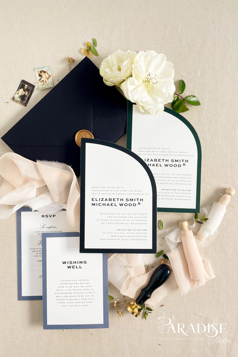 Sophisticated and striking, this half arch wedding invitation suite is designed for the couple who appreciates modern aesthetics with a fine art twist. Handcrafted on thick, high-quality paper and layered with deep navy and forest green accents, each piece feels as luxurious as it looks. Ideal for modern city weddings, black-tie events, or editorial-inspired celebrations, this suite blends elegance with edge. This suite embodies the essence of modern minimalism.