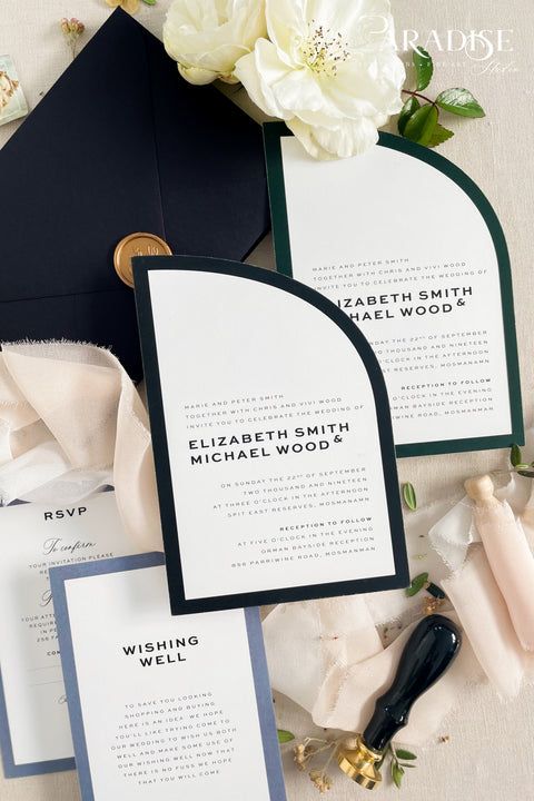 Sophisticated and striking, this half arch wedding invitation suite is designed for the couple who appreciates modern aesthetics with a fine art twist. Handcrafted on thick, high-quality paper and layered with deep navy and forest green accents, each piece feels as luxurious as it looks. Ideal for modern city weddings, black-tie events, or editorial-inspired celebrations, this suite blends elegance with edge. This suite embodies the essence of modern minimalism.