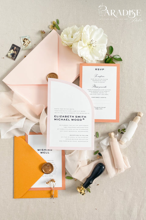 Fresh, vibrant, and full of personality, this half arch wedding invitation suite is made for couples who want their wedding stationery to feel as joyful and unique as their love story. The curved arch design brings a modern sculptural touch, while the warm tones of peach and tangerine add an inviting, sunlit glow. Perfect for summer weddings, destination celebrations, or fine art modern events, this suite captures a balance of clean minimalism and bold personality.