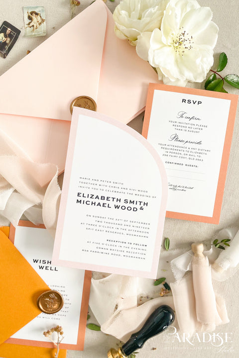 Fresh, vibrant, and full of personality, this half arch wedding invitation suite is made for couples who want their wedding stationery to feel as joyful and unique as their love story. The curved arch design brings a modern sculptural touch, while the warm tones of peach and tangerine add an inviting, sunlit glow. Perfect for summer weddings, destination celebrations, or fine art modern events, this suite captures a balance of clean minimalism and bold personality.
