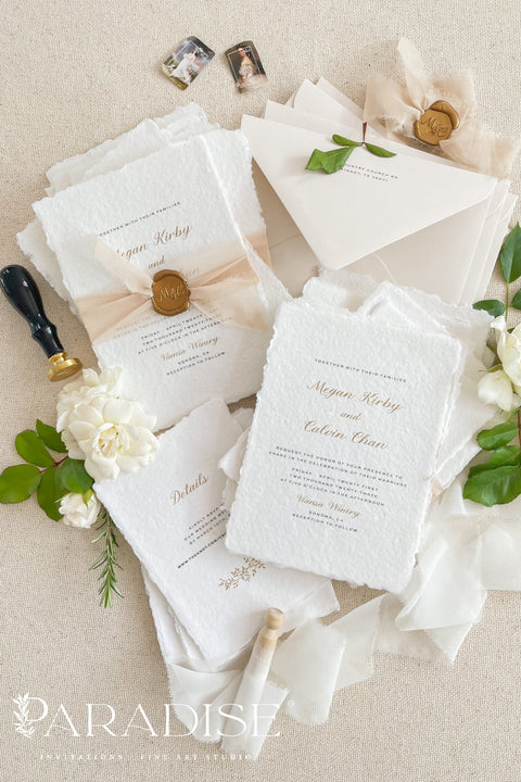 Announce your marriage with a romantic and modern touch. This exquisite suite features elegant modern calligraphy and shimmering golden ink printed on luxurious handmade paper with a delicate deckle edge. The combination of the beautiful golden shine and the unique, textured paper creates a stunning first impression that is both luxurious and organic. These unique invites are perfect for setting a sophisticated and romantic tone for your special day.