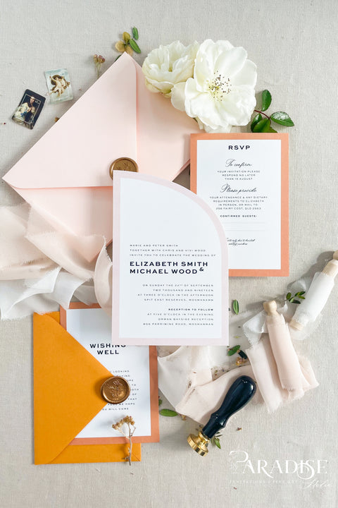 Fresh, vibrant, and full of personality, this half arch wedding invitation suite is made for couples who want their wedding stationery to feel as joyful and unique as their love story. The curved arch design brings a modern sculptural touch, while the warm tones of peach and tangerine add an inviting, sunlit glow. Perfect for summer weddings, destination celebrations, or fine art modern events, this suite captures a balance of clean minimalism and bold personality.