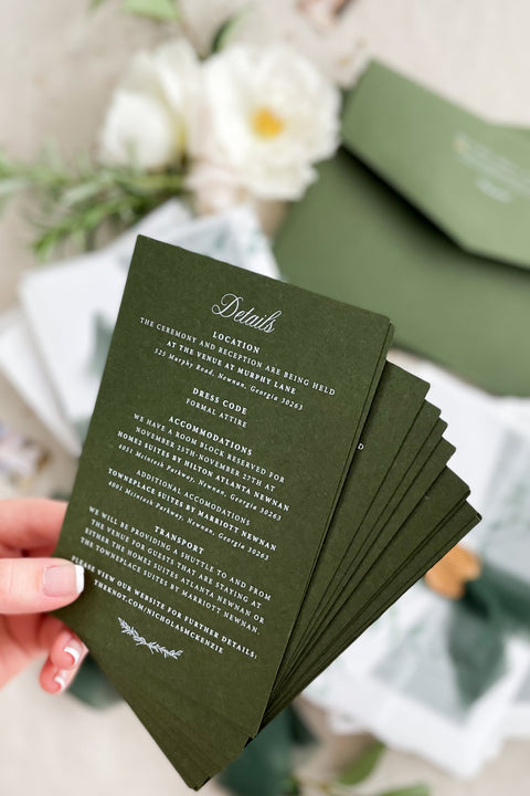 This handmade paper wedding invitation suite is designed for couples who cherish natural beauty and fine art craftsmanship. Each invitation is printed on luxury deckled-edge cotton paper, offering a rich, tactile texture that reflects the care and artistry poured into every detail. Encased in a botanical vellum jacket and hand-tied with a deep green silk ribbon and wax seal, this suite embodies organic elegance. It feels like a keepsake from nature itself - graceful, heartfelt, and timeless. 