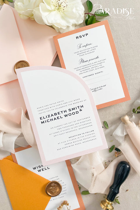 Fresh, vibrant, and full of personality, this half arch wedding invitation suite is made for couples who want their wedding stationery to feel as joyful and unique as their love story. The curved arch design brings a modern sculptural touch, while the warm tones of peach and tangerine add an inviting, sunlit glow. Perfect for summer weddings, destination celebrations, or fine art modern events, this suite captures a balance of clean minimalism and bold personality.