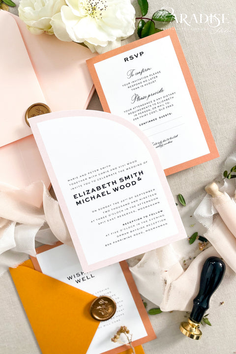 Fresh, vibrant, and full of personality, this half arch wedding invitation suite is made for couples who want their wedding stationery to feel as joyful and unique as their love story. The curved arch design brings a modern sculptural touch, while the warm tones of peach and tangerine add an inviting, sunlit glow. Perfect for summer weddings, destination celebrations, or fine art modern events, this suite captures a balance of clean minimalism and bold personality.
