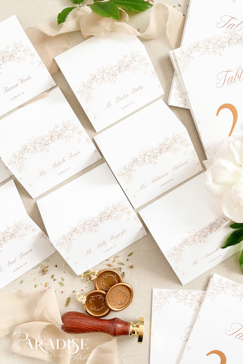 Elevate your table styling with our place cards, designed on premium cardstock and adorned with an elegant botanical illustration. Their refined aesthetic blends beautifully with classic, romantic, and fine-art wedding themes, offering a polished and cohesive look for any event. These folded cards stand effortlessly on tables, providing both function and graceful sophistication for your seating arrangements.