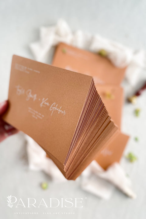 A stack of cinnamon brown envelopes with white ink address printing, displayed on a white surface with some scattered leaves and a photo corner piece.